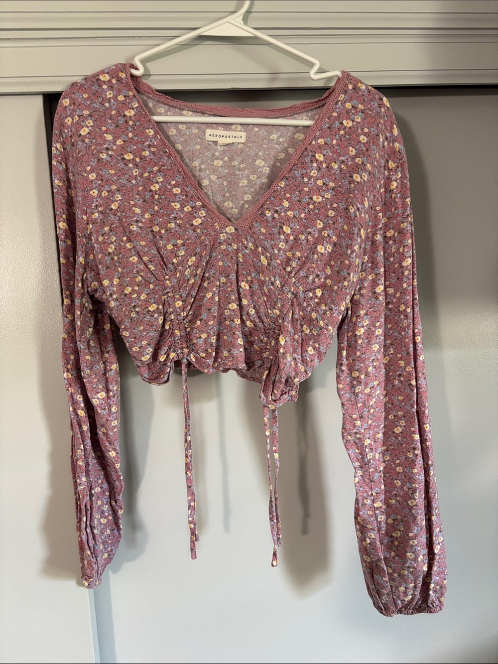 Aeropostale Mauve Floral Long-Sleeve Drawstring Crop Top
